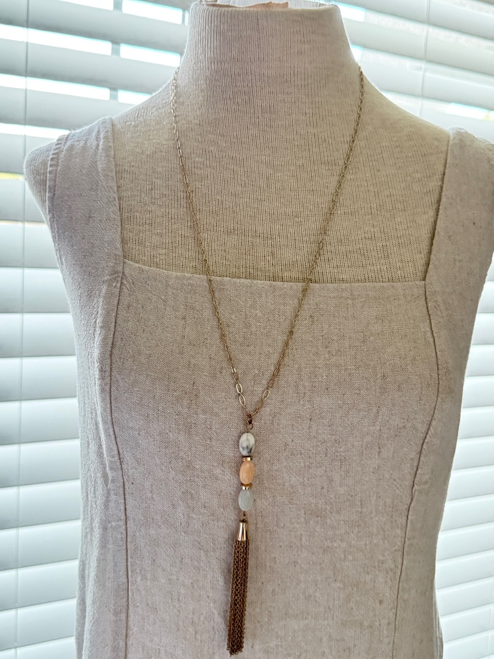 SUGARFIX Long Gold Chain Y-Necklace – Grey Marble, Peach & Mint Stone-Look Beads